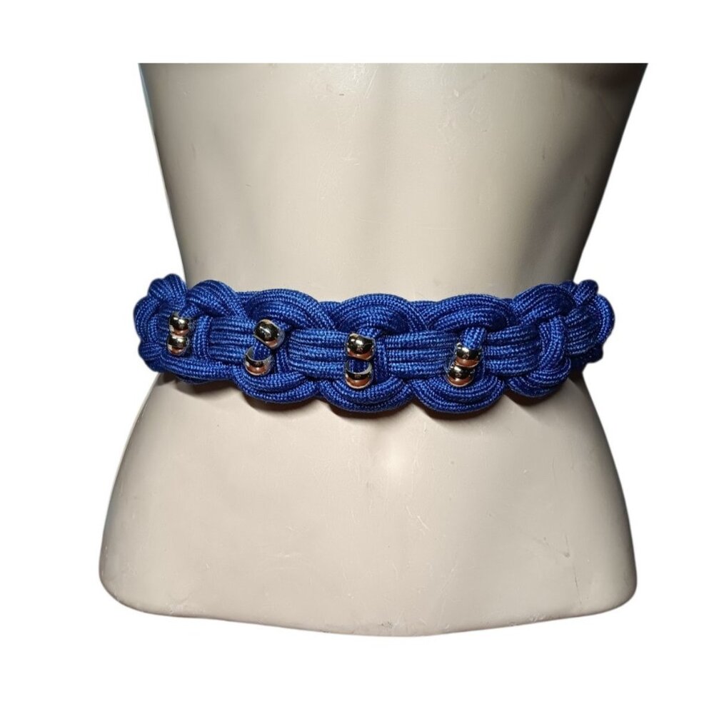 VTG Stretchy Blue Braided Cinch Belt w/ Gold Beads 34" Length 1970s or 1980s